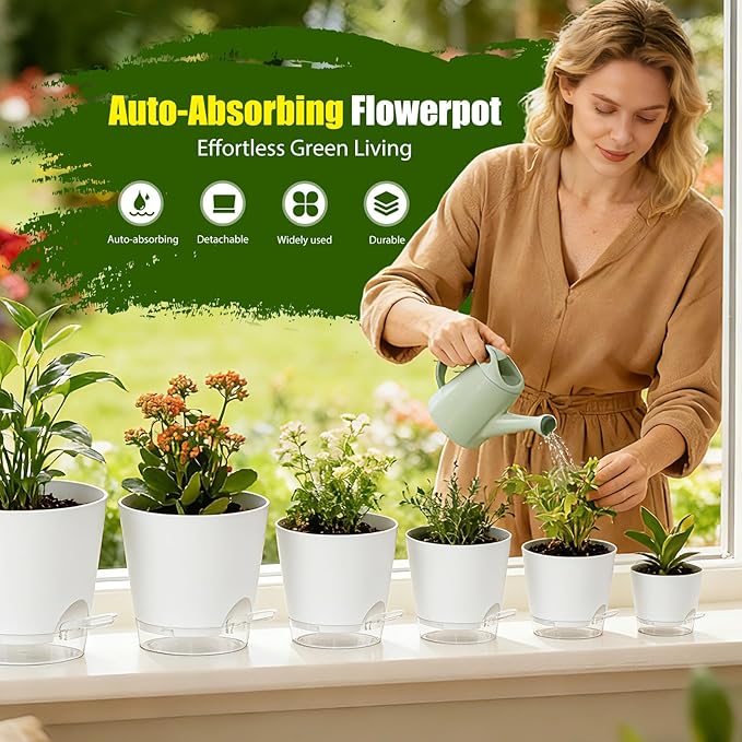 Plant Pots 4/5/5.5/6/6.5/7/8 Inch Self Watering Pots, 7 Pack Plastic Planters with Drainage Holes and Clear Saucers,Plastic Flower Pots,Nursery Planting Pot for Indoor Out Door Plants(White) SQKH
