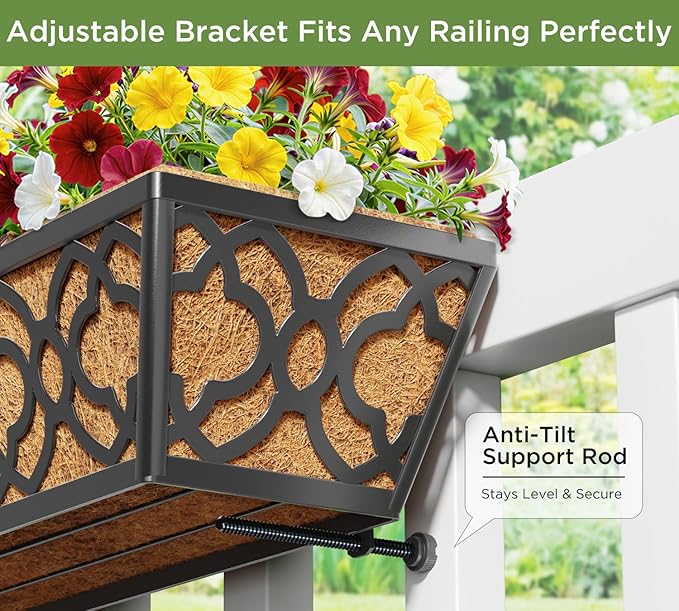 Y&M 24in Window Planter Box 4Pcs Iron Railing Planter with Coco Liner for Outdoor Balcony Rail, Fence, Porch, Patio YM