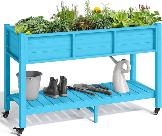 YITAHOME Raised Garden Bed HDPE, 47x18x31In Raised Flower Bed Poly-Wood Weather-Resistant Elevated Planter Box with Lockable Wheels & Storage Shelf for Vegetable Flower, Aruba Blue YITAHOME