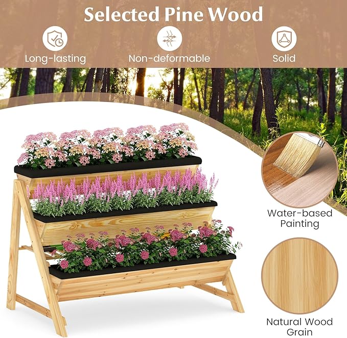 Giantex 3-Tier Vertical Raised Garden Bed, Wood Elevated Planter Box with Legs, Storage Shelf, Liners for Growing Vegetables Herbs Flowers, Indoor Outdoor Freestanding Raised Bed for Patio (Natural) Giantex