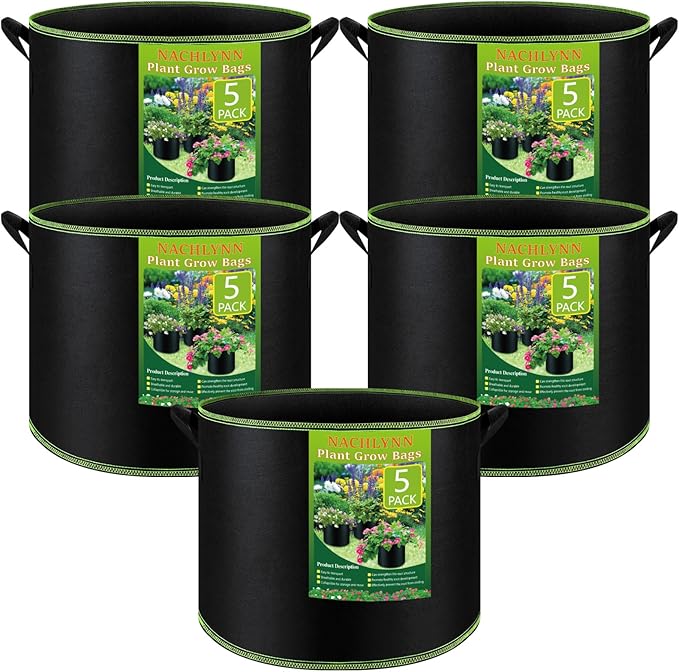 NACHLYNN 5-Pack 5 Gallon Grow Bags Heavy Duty Aeration Fabric Pots with Handles Thickened Nonwoven Fabric Pots Plant or Fruits Flowers Plant for Gardening Createyourownlifestory