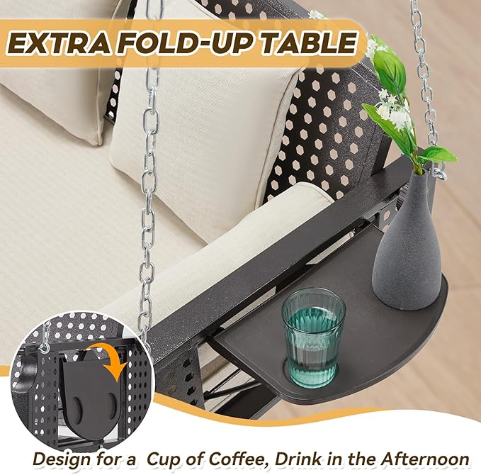 3 Seat Porch Swing, Patio Swing Bench with Cup Holders & 3 Back Cushions, Swing Chair with Chains for Deck Garden Backyard,Beige YALISSEY