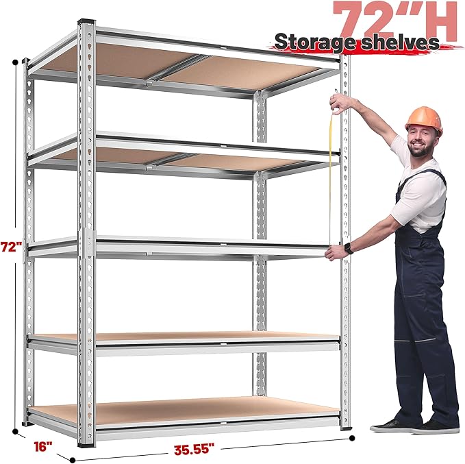 REIBII 2020LBS Garage Shelving Heavy Duty Metal Shelving 5 Tier Storage Shelves, Garage Shelves for Basement, Warehouse, Pantry, Closet, Kitchen, 72" H x 35.55" W x 16" D, Galvanized, 2 Pack REIBII