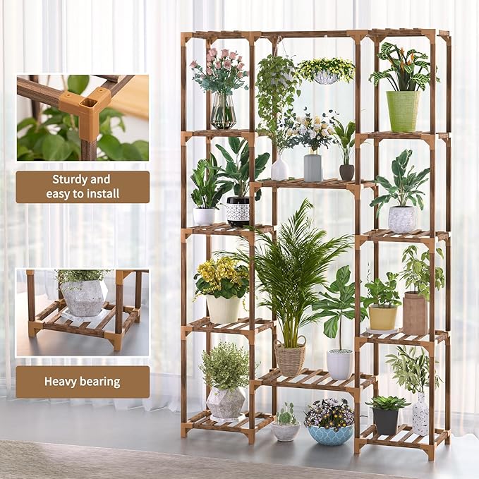 Uneedem Tall Indoor Outdoor Plant Stand - Large 12 Tier Plant Rack with Wooden Shelves for Room, Balcony, Garden, Patio Uneedem
