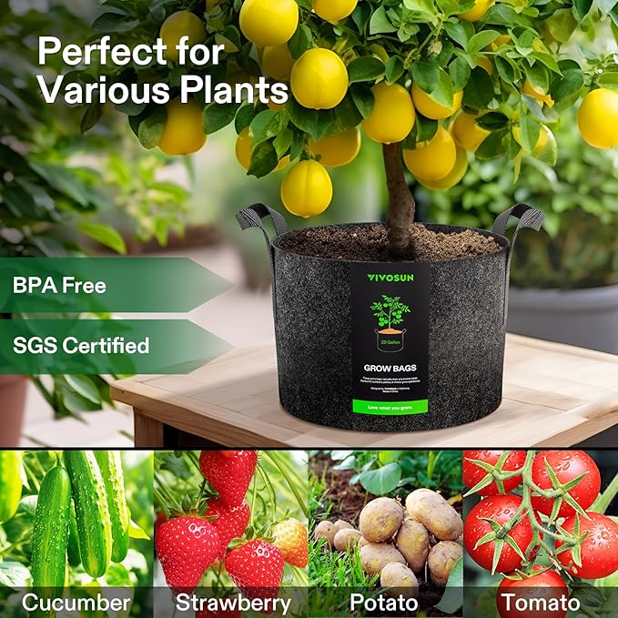 VIVOSUN 5-Pack 25 Gallon Plant Grow Bags, Heavy Duty Thickened Nonwoven Fabric Pots with Handles VIVOSUN