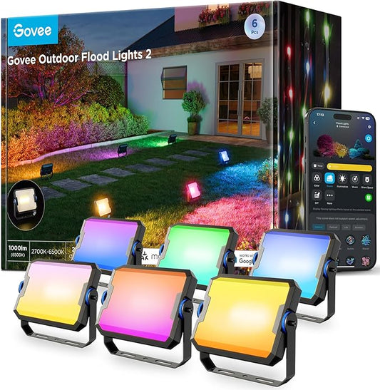 Govee Outdoor Flood Lights 2, RGBIC Warm Cold White LED Lights for Outdoor Decorations, 50 Scene Modes, Landscape Lighting, Upgraded IP66 with App Control, Wired 6 Pack Govee