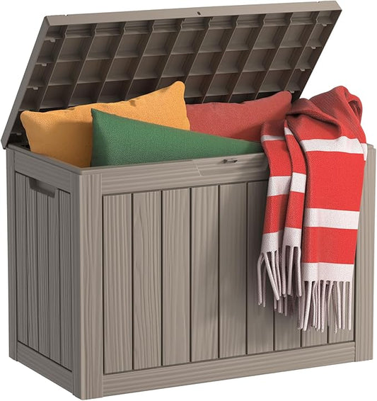 EasyUp 45 Gallon Outdoor Storage Box, Resin Waterproof UV-Resistant Deck Box, Reinforced Stability for Patio, Garden, and Poolside, Striped Gray EASYUP