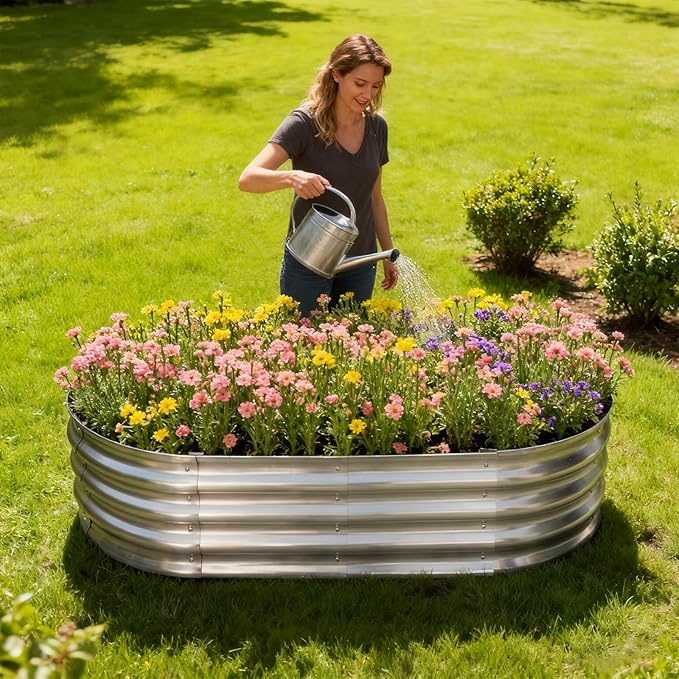 TATAANTY Galvanized Raised Garden Bed for Outdoor: 4X2X1ft Durable Metal Vegetable Plant Container Kit - Oval Planter Box for Gardening Flower Trough （2 Pack） TATAANTY