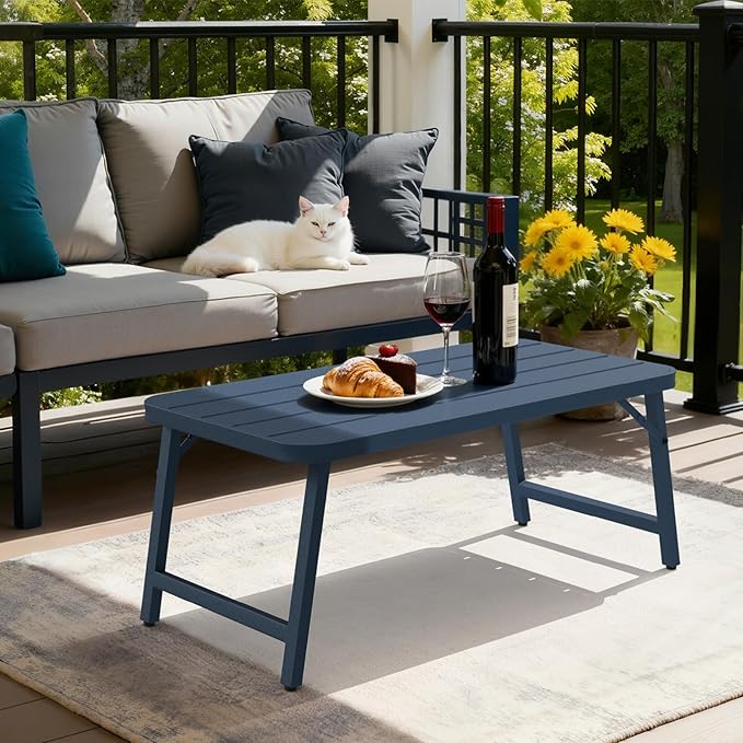 VINGLI Outdoor Folding Coffee Table, Rectangle Drainable Iron Patio Table for Balcony, Porch, and Living Room, Blue VINGLI
