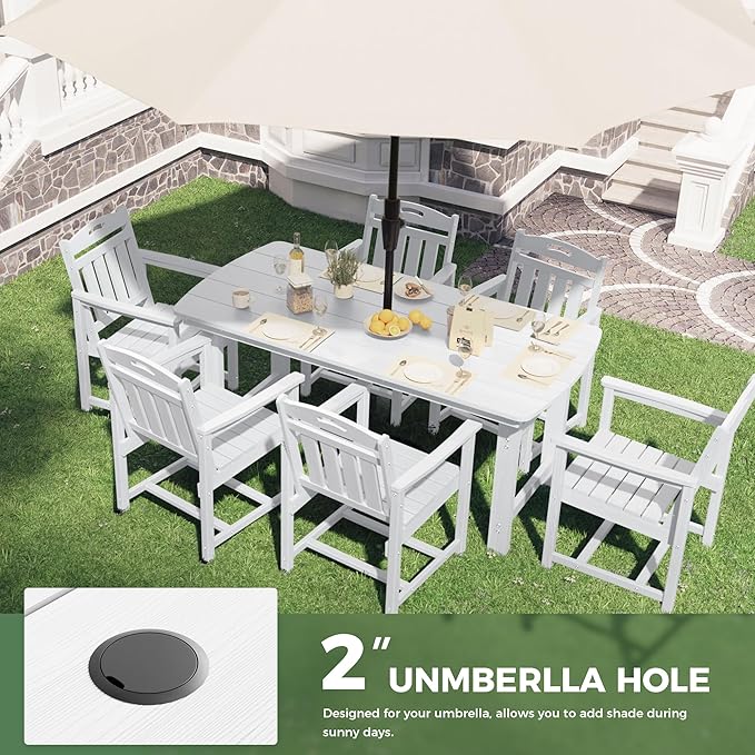 HDPE Outdoor Patio Dining Set with Table & 6 Chairs, All-Weather 7-Piece Outdoor Table and Chairs, 2" Umbrella Hole, Patio Furniture for Garden, Backyard, Deck | White Suunyn