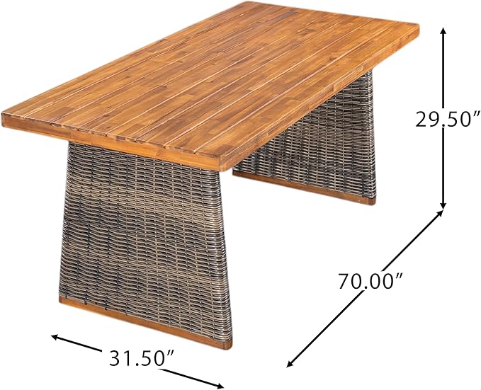 Christopher Knight Home Pasco Acacia Wood Outdoor Dining Table Set for 6, Wicker Patio Dining Set with Acacia Wood Table and Bench, Patio Table and Chair Set with Cushion+Rope Backrest,Black+Teak+Grey ChristopherKnightHome