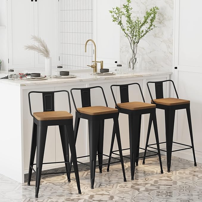 WENTMENT Bar Stools Set of 4 Counter Height Metal Barstools with Removable Back 30" Kitchen Bar Stools with Wooden Seat, Black WENTMENT