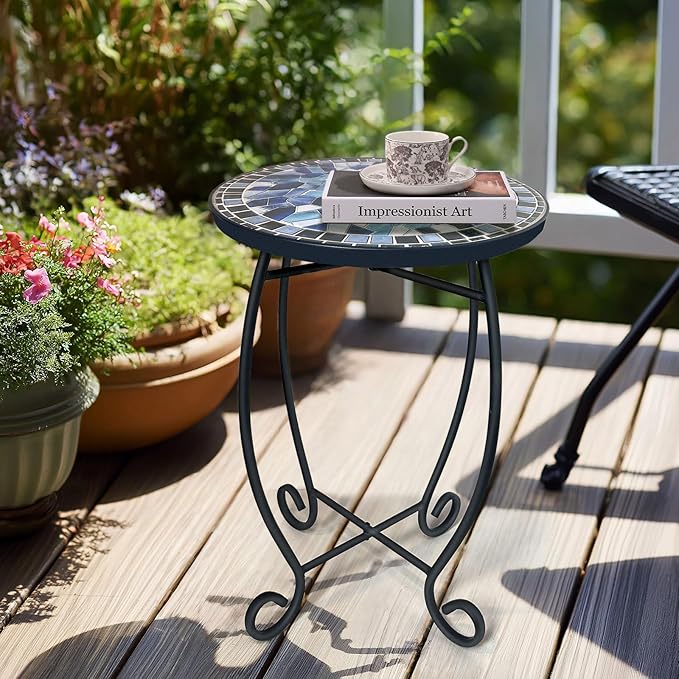 LIFFY Outdoor Side Table,12" Round Ceramic Tile Tabletop Accent Table with Metal Frame, Indoor Small Decorative Plant Stand & End Table for Home, Patio, Garden LiffyArt