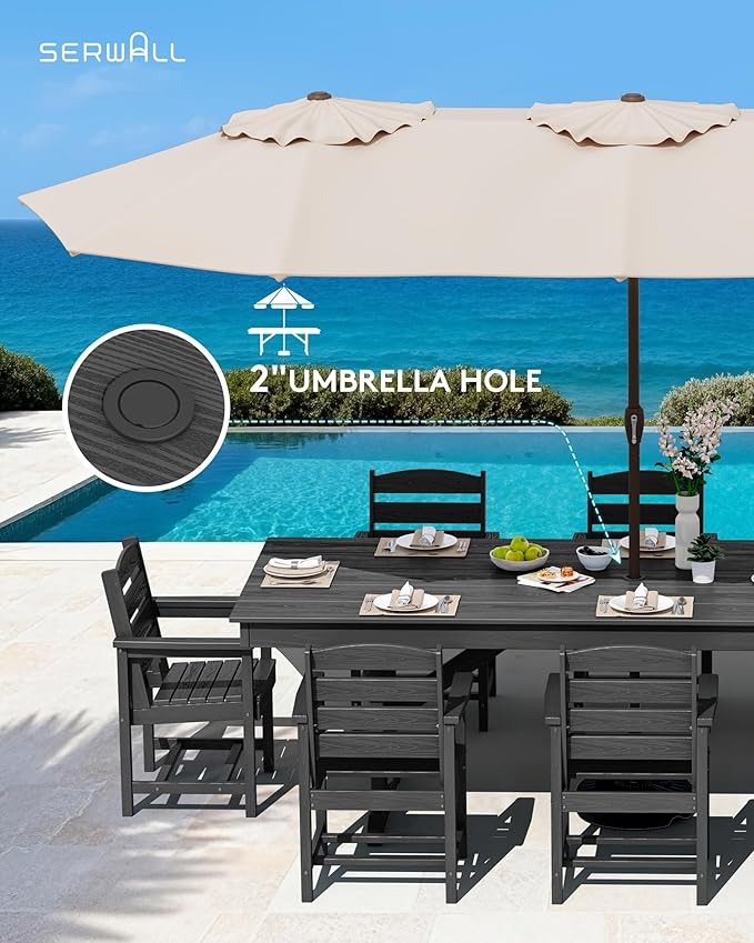 SERWALL 9 Piece Outdoor Dining Set, 84" HDPE Outdoor Table and Chairs for 8，All Weather Patio Furniture Set with Umbrella Hole for Backyard, Garden, Black SERWALL