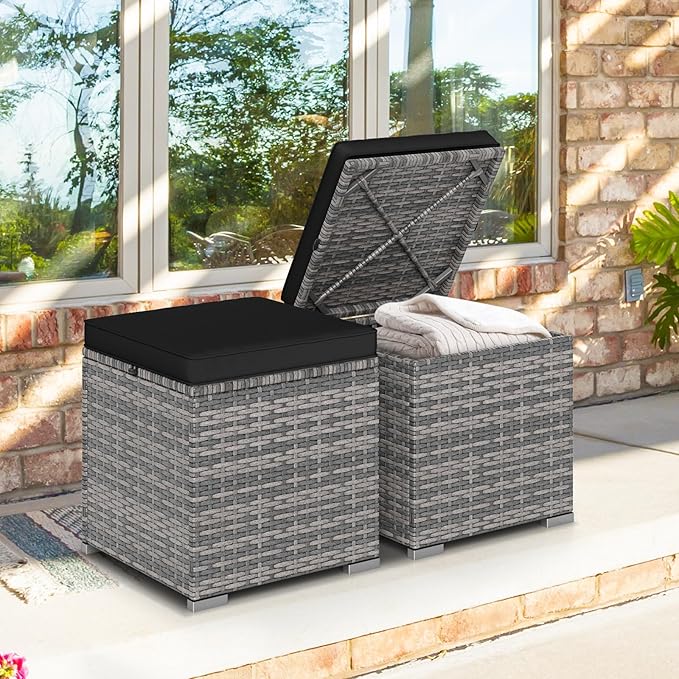 Tangkula 2 Pieces Patio Ottomans, Patiojoy Hand-Woven PE Rattan Side Table with Removable Cushion & Hidden Storage Space, Multifunctional Storage Box, Seat for Patio, Backyard, Poolside (Black&Grey) TANGKULA