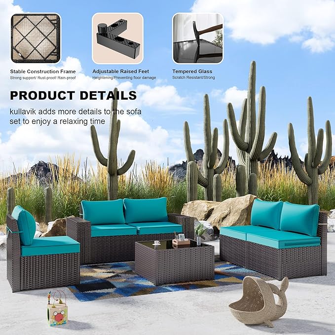 Kullavik 6PCS Outdoor Patio Furniture Set PE Wicker Rattan Sectional Sofa Patio Conversation Sets,Blue KULLAVIK