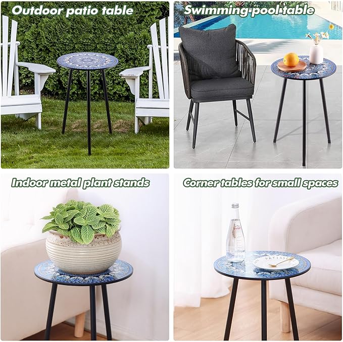 Metal Outdoor Side Tables Set of Two Small Outside Round End Table for Patio Modern Accent Garden Corner Table for Small Spaces, Balcony, Porch, Weather-Resistant, Plant Stand Indoor, Blue PartyZealot
