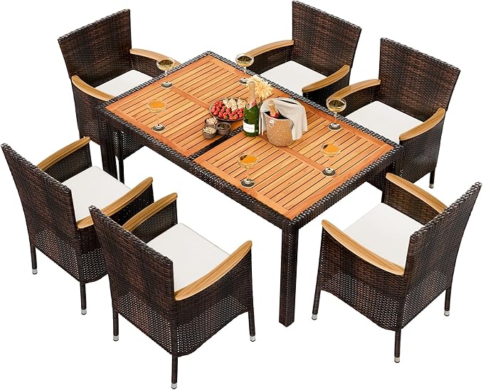 Shintenchi 7 Piece Patio Dining Set, Wicker Patio Conversation Set with Wooden Table Top, Outdoor Table and Chairs with Soft Cushions for Backyard, Deck and Garden, Brown Rattan Shintenchi