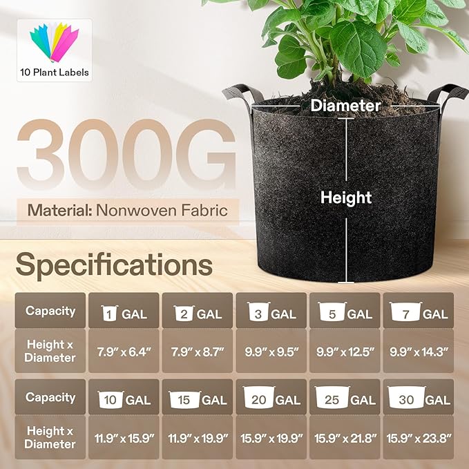 VIVOSUN 5-Pack 5 Gallon Grow Bags Heavy Duty 300G Thickened Nonwoven Plant Fabric Pots with Handles VIVOSUN