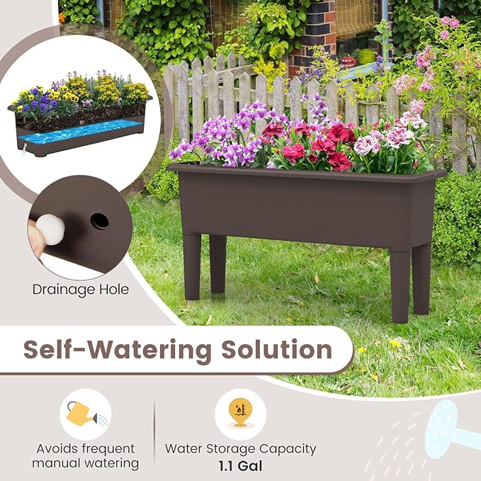 Giantex Raised Garden Beds Outdoor Set of 2, Self-Watering Planter Box with Detachable Legs & Drainage Hole, Outdoor Raised Container for Vegetable Fruit Herbs, 31.5”Lx12”Wx16”H, Easy Assembly (Brown) Giantex