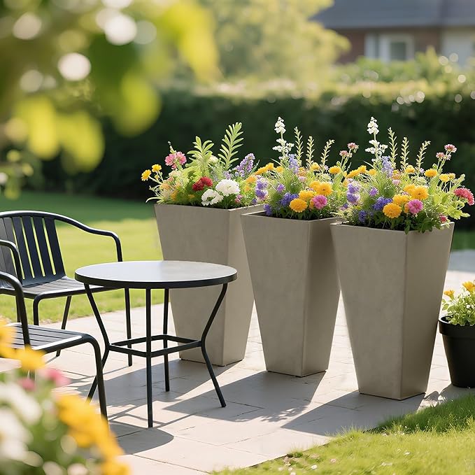 Outsunny Tall Planters for Outdoor Plants Set of 3, 28 in Taper Planters with Drainage Holes, Indoor Grande Plant Pots, Front Porch Decor, Grey Outsunny
