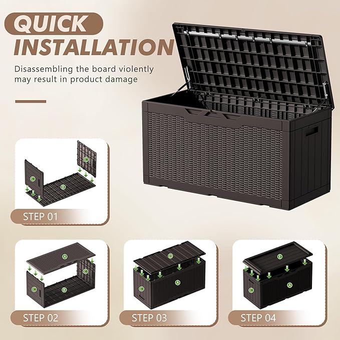 Devoko 100 Gallon Deck Box, Waterproof Resin Outdoor Storage Box with Cushion for Outside and Patio, Large Outdoor Storage Bench Cabinet Lockable for Patio Furniture and Garden Tools (Deep Brown) DEVOKO