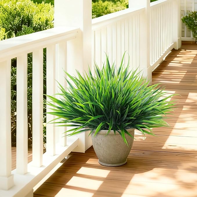12Pcs Artificial Plants Outdoor Fake Plastic Grass Spring Decoration UV Resistant Faux Greenery Stems Bushes Outside Fake Plants for Planters Patio Porch Window Box Pathway Garden Home Decor, Green Ivydale