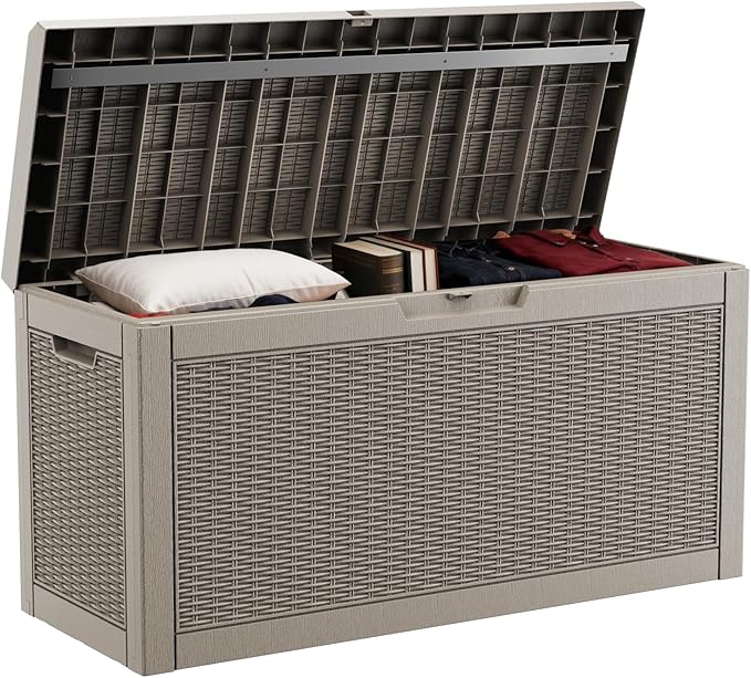 DRATO 60 Gallon Deck Box, Waterproof Resin Large Outdoor Storgae Box for Patio Furniture, Patio Cushions, Gardening Tools, Pool Supplies, Lockable（Gray，60 Gallon） DRATOprovidesawarmandcozy