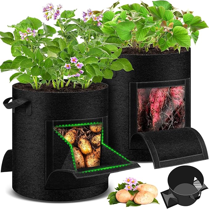 2 Pack 15 Gallon Potato Grow Bags with Pull-Down Harvest Window, Potato Bags for Growing Potatoes Heavy Duty Thickened Nonwoven Fabric Gardening Vegetable Growing Bags with Visible Window WelcometoUJG%EF%BC%81