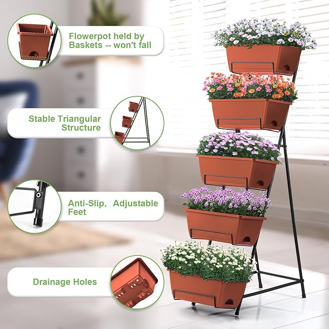 5 Tier Vertical Raised Garden Bed Planter Box, Vertical Raised Bed with Drainage Holes for Indoor Outdoor Herbs Flowers Vegetables Plants, Red Fogein