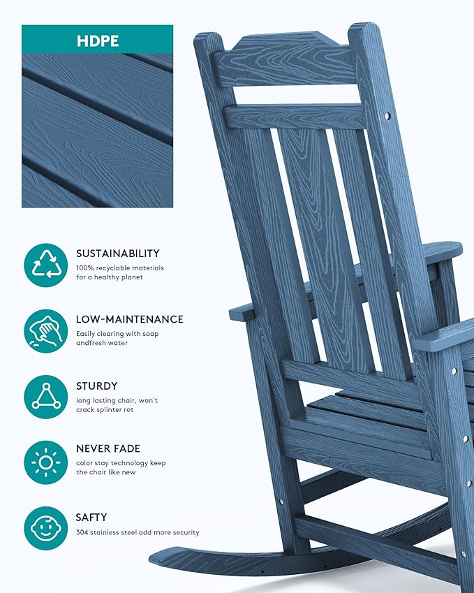SERWALL Oversized Rocking Chair Outdoor, HDPE Outdoor Rocking Chair, Blue SERWALL