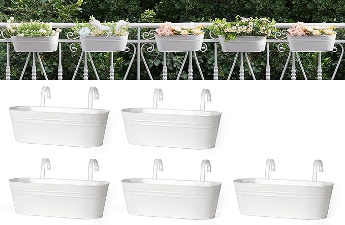 Dahey 5 Pcs Metal Iron Hanging Flower Pots for Railing Fence 15.7 Inch Hanging Bucket Pots Countryside Style Window Flower Plant Holder with Detachable Hooks for Garden Yard Home Decor, White Dahey