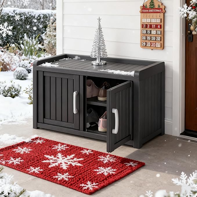 2-Tier Storage Bench, Waterproof UV-Resistant Outdoor Shoe Storage Cabinet with 2 Doors & Adjustable Shelves for Indoor Outdoor Entryway, Hallway, Living Room (Midnight Black) NBYSGO