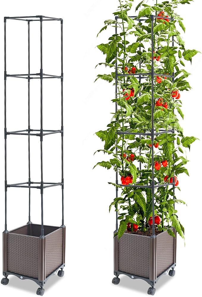 Raised Garden Bed Planter Box with Trellis, 62.2" Self-Watering Tomato Planters for Climbing Plants Vine Flowers Outdoor Patio, Tomatoes Cage with Trellis Wheels for Outdoor, 1Pack Rootora