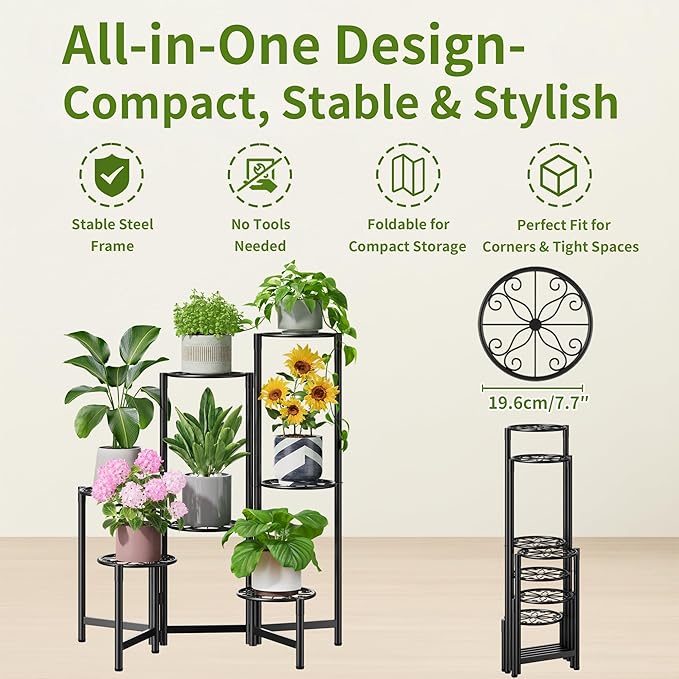 Plant Stand Outdoor,7 Tier Foldable Corner Tall Plant Shelf for Multiple Plants Flower Pot Holder Display Stand for Living Room Balcony Garden Patio -BlackS Rootora