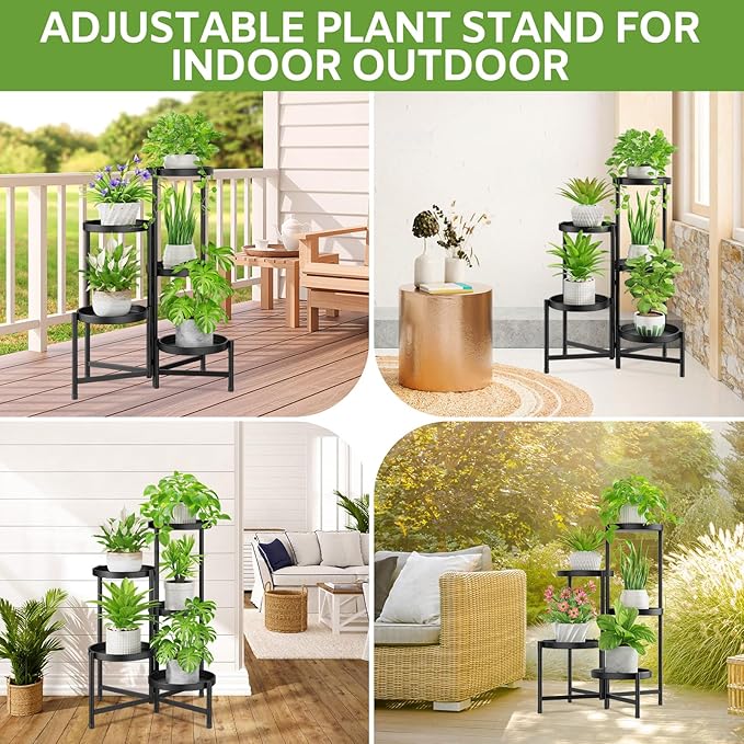 iDavosic.ly 5 Tier Large Plant Stand Indoor with 10 Inch Wide Tray, Tiered Corner Metal Outdoor Flower Display Holder Shelf, Folding Tall Rack for Patio Porch Living Room, Modern Black iDavosicly