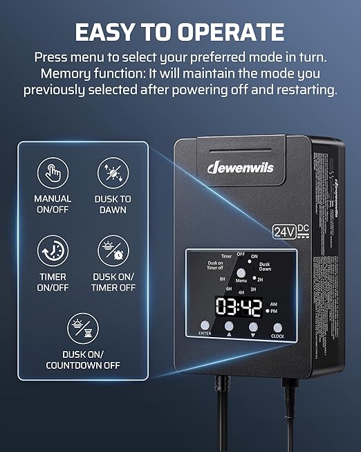 DEWENWILS 120W Low Voltage Landscape Transformer with Timer & Photocell Sensor, 120V AC to 24V DC Low Voltage Transformer, Weatherproof Landscape Lighting Transformer for Garden Lights Pathway Lights DEWENWILS