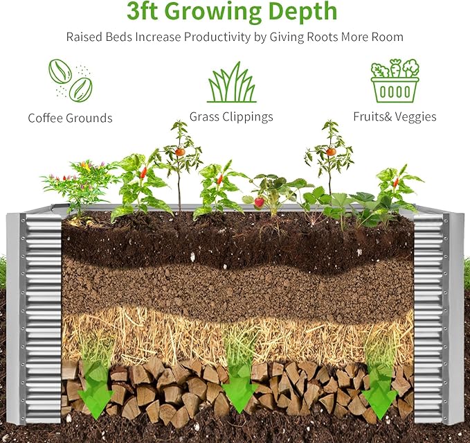 Land Guard 6x3x3ft Rectangular Galvanized Raised Garden Beds, Large-Capacity Metal Planter Box Outdoor, Durable Deep Raised Garden Bed 3ft Tall, Raised Beds for Gardening Vegetables, Classic Silver LandGuard