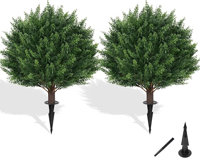 Artificial Cypress Topiary Tree with Ground Spike, Set of 2 Artificial Shrub Bushes, Fake Evergreen Tree for Porch, Artificial Plants for Outdoor Planters Indoor UV Resistant FEELTHENEWWORLD