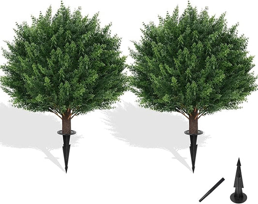 Artificial Cypress Topiary Tree with Ground Spike, Set of 2 Artificial Shrub Bushes, Fake Evergreen Tree for Porch, Artificial Plants for Outdoor Planters Indoor UV Resistant FEELTHENEWWORLD