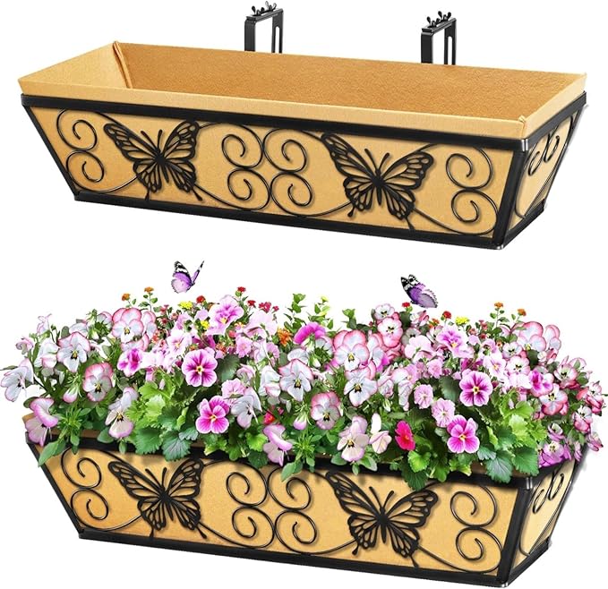 2 Pack 24 Inch Window Boxes Planters Railing Planter Box with Adjustable Brackets for Porch Fence Patio Balcony Hanging Flower Baskets with Woven Fabric for Outdoor Garden Decor - Black KarlliuHOMEGARDEN