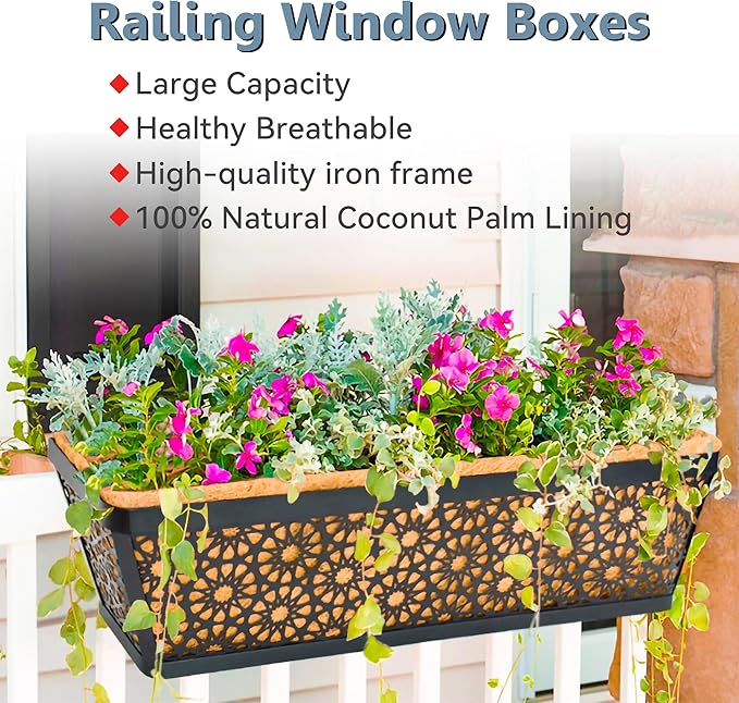 2 Pack 30" Railing Planter Window Box Deck Balcony Rail Planters Black Metal Flower Basket Horse Trough Planter with Coco Fiber Liner for Porch Fence Patio Outdoor EIMQUVW