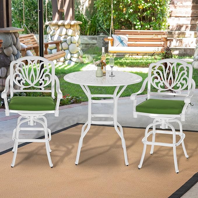 VIVIJASON 3-Piece Patio Swivel Bar Stools Set, All Weather Cast Aluminum Outdoor Bar Height Bistro Set with 2 Cushioned Bar Chairs & 35.4" High Bar Table w/Umbrella Hole for Backyard, Lawn, White VIVIJASON