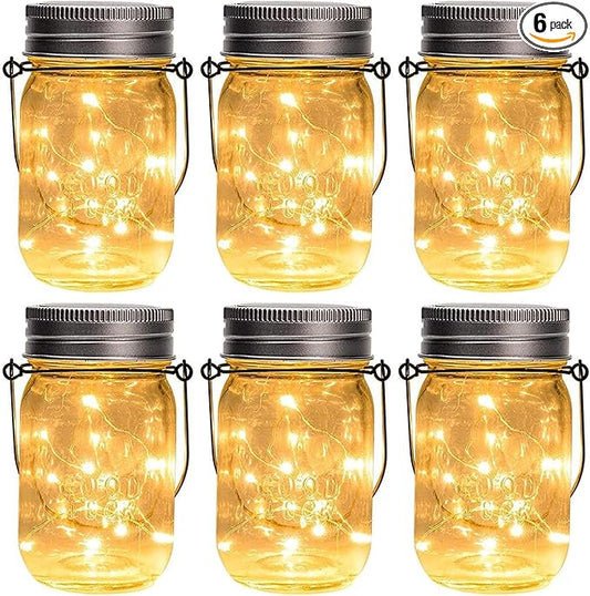 GIGALUMI Hanging Mason Jar Solar Lights, 6 Pack 30 Led Hanging Solar Lanterns Outdoor Waterproof, Hangers and Jars Included, Outdoor Decor for Balcony, Garden, Patio, Yard, Wedding GIGALUMI