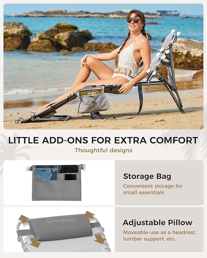 KingCamp 2 Pack Tanning Chair with Face Hole, Lounge Chairs Outdoor Folding Comfy Adjustable 5-Position Foldable Chaise Chaser with Canopy Shade for Outside Beach Patio, Grey KingCamp