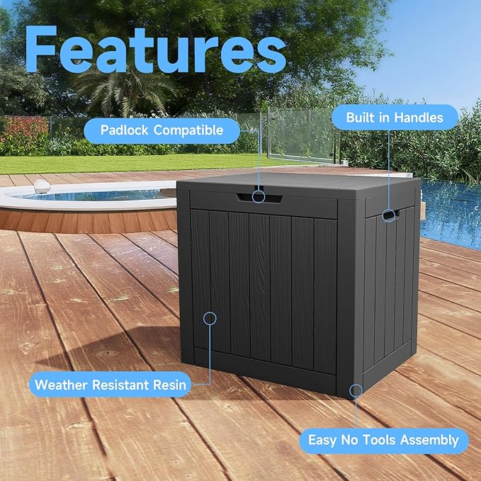 35 Gallon Outdoor Deck Box, Lockable Waterproof Outdoor Storage Boxes For Garden Tools,Indoor Cushions,Accessories Outside Storage Resin Weatherproof Container(Black) MAIUSCOLI