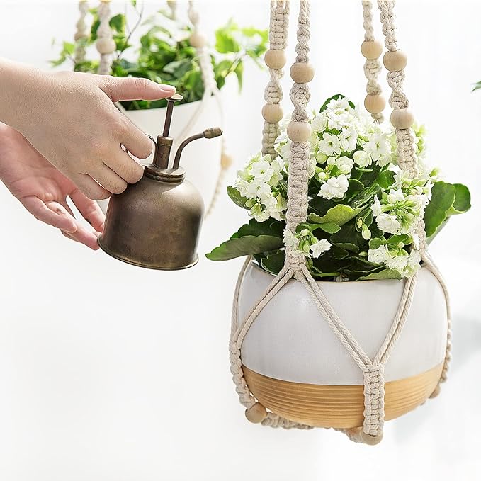 Mkono Macrame Plant Hanger Indoor Hanging Planter Basket with Wood Beads Decorative Flower Pot Holder No Tassels for Indoor Outdoor Boho Home Decor 35 Inch, Ivory, Set of 2 (POTS NOT Included) Mkono