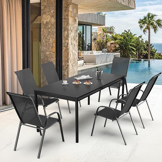 VINGLI Patio Chairs Set of 8 – Stackable Outdoor Dining Chairs with Comfortable Sling High Back Chairs and Armrests for Lawn, Poolside, Courtyard, Balcony, Garden, Black VINGLI