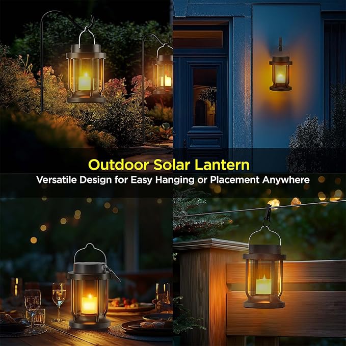 Solar Lantern Outdoor & Indoor Use – Hanging Solar Lights with Realistic Flickering Flameless Candle, Weatherproof for Gardens, Patios, Trees, and Lawns (Black + Gray, 1 Pack) Rootora