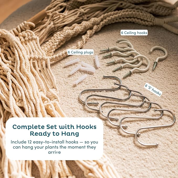 Nook Theory 6-Pack Macrame Plant Hangers with 12 Hooks - Hanging Planters for Indoor Plants, Boho Macrame Hangers Indoor Outdoor, Decorative Plant Hanger Indoor (Caramel) NookTheory